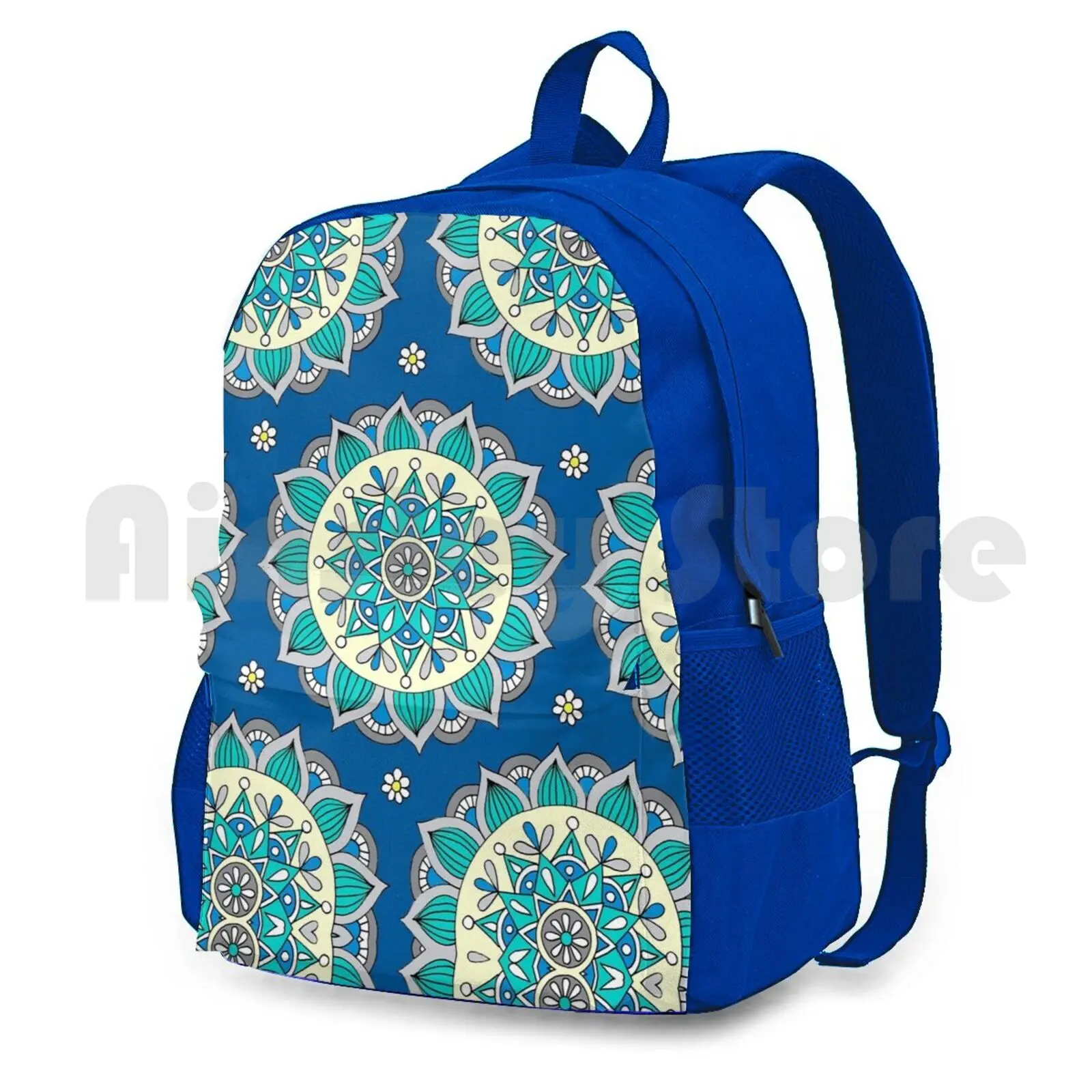 Blue & Cream Mandala Outdoor Hiking Backpack Riding Climbing Sports Bag Mandala Bohemian Pattern Boho Blue Aqua