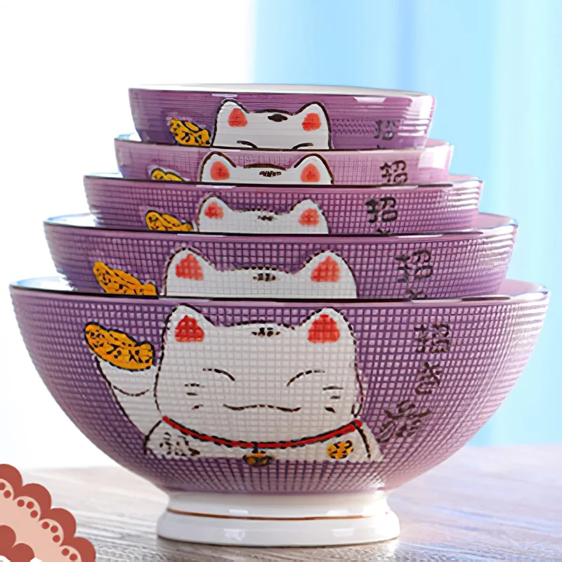 Ceramic High Bowl Multi-Sized Colorful Lucky Cat Soup Bowl Salad Bowl Underglaze Kitchen Household Tableware Children\'s Couple