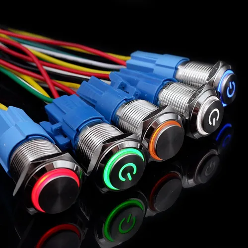 Imagen 2 del producto 12 16 19 22 mm Interruptor de botón de metal con cable On Off PC Power Cabezal alto 12v para automóvil Enclavamiento momentáneo Fijo Azul 5V 220V