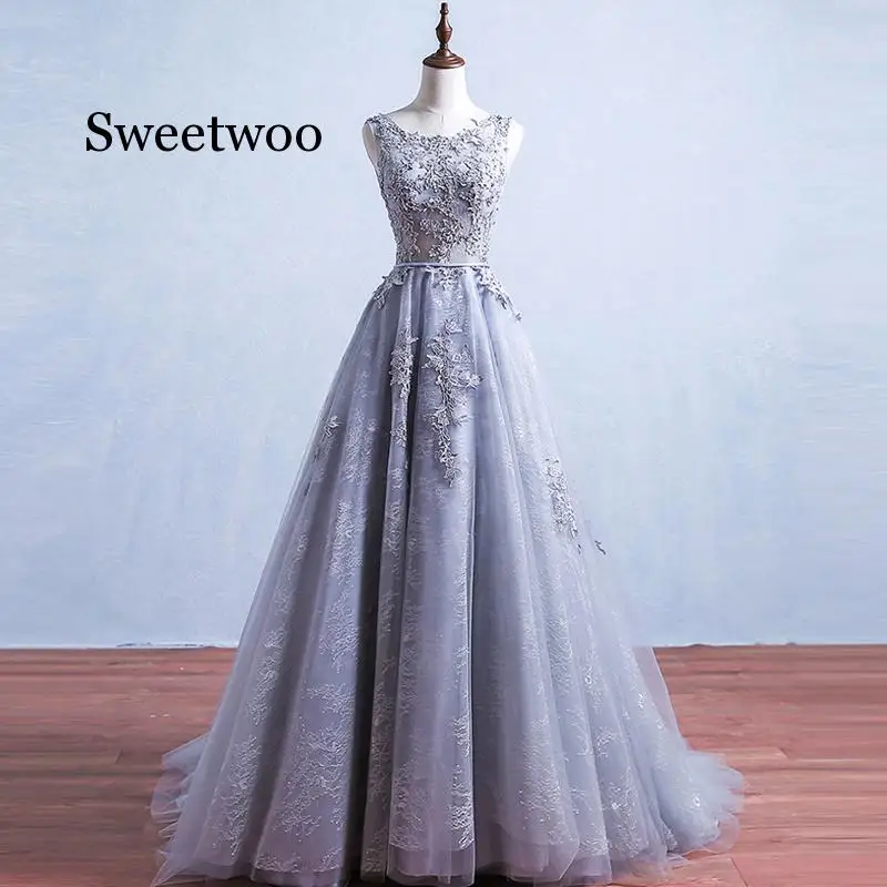 

Grey Lace Sequined Backless A Line Long party Dresses Embroidery Sleeveless Short Train Dress Vestido de novia