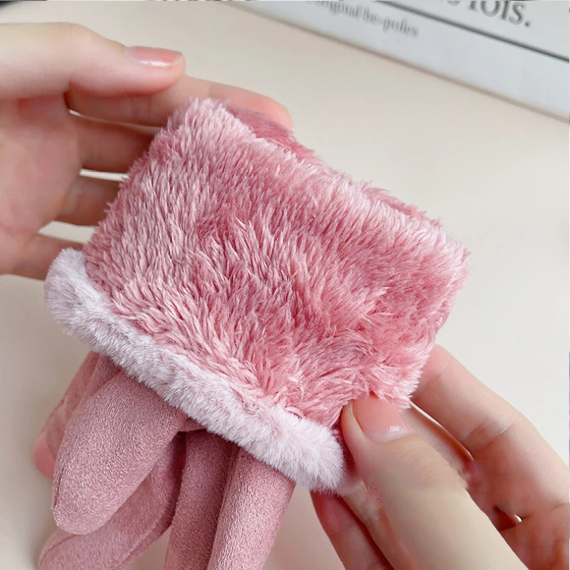 Winter New Women Cute Lovely Cartoon Cat Embroidery Plush Wrist Keep Warm Touch Screen Thicken Plus Fleece Gloves