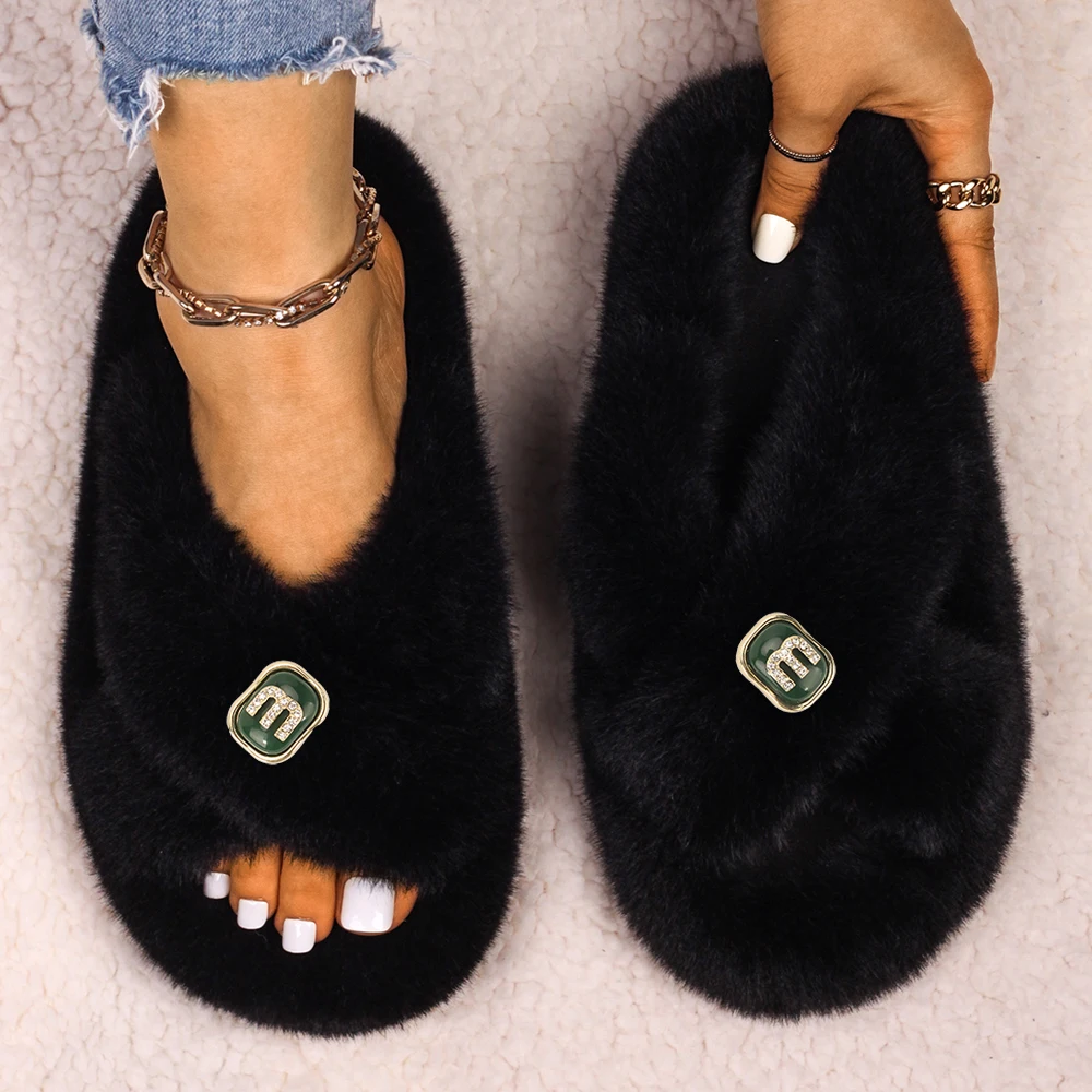 Women Sandals Fluffy Slippers Luxury Designer Letter Decor Furry Slides Flip Flops Faux Fur Slippers Female Brand Retro Shoes