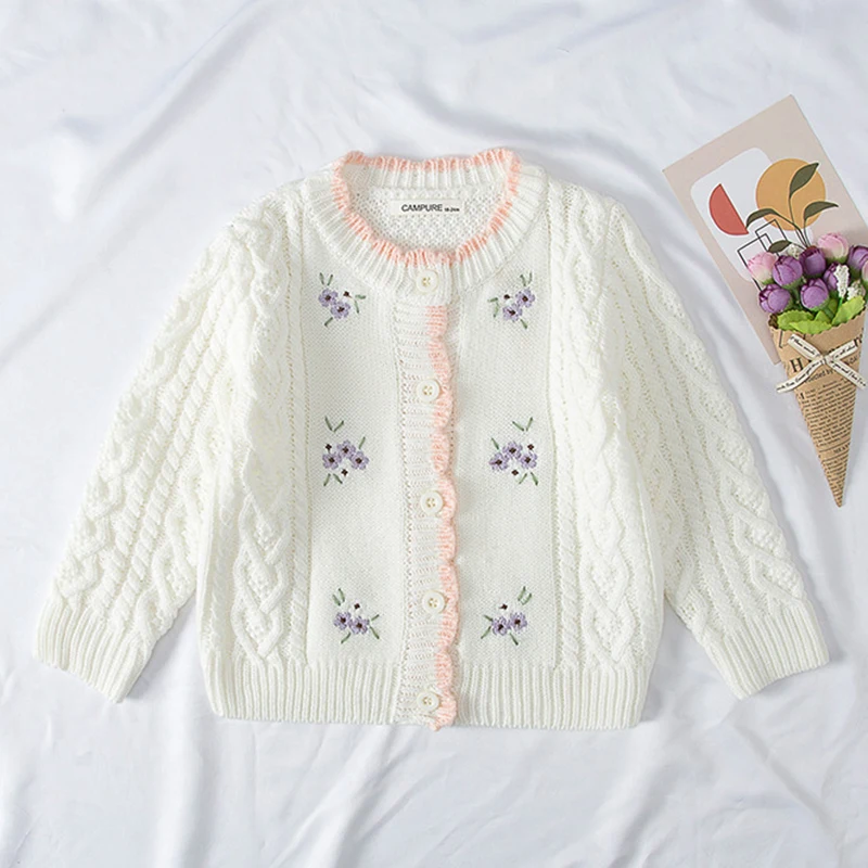 Infant Sweet Kids Baby Girls Cardigan Coat Autumn Winter Cute Baby Girls Long Sleeve Embroidery Knit Children's Cardigan Coat