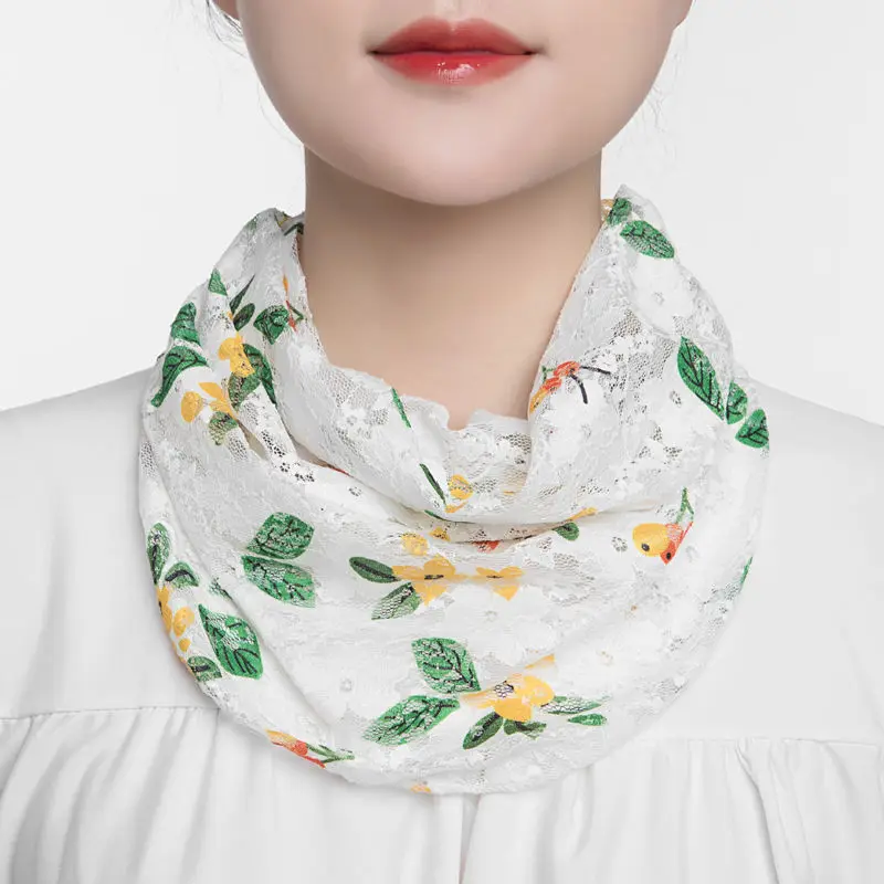 Female Ice Silk Floral Fake Collar Neck Guard Scarf Summer Sunscreen Sunshade Snood Hollow Lace Print Multifunction Shawl P46