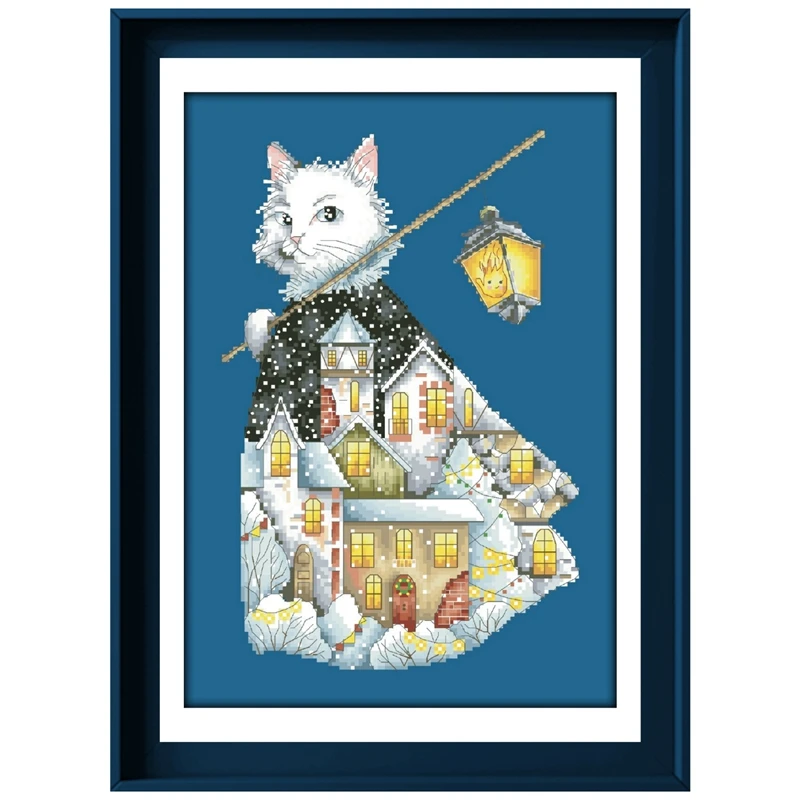 

Christmas cat cross stitch kits winter snow cartoon pattern design 18ct 14ct 11ct denim blue canvas embroidery DIY needlework