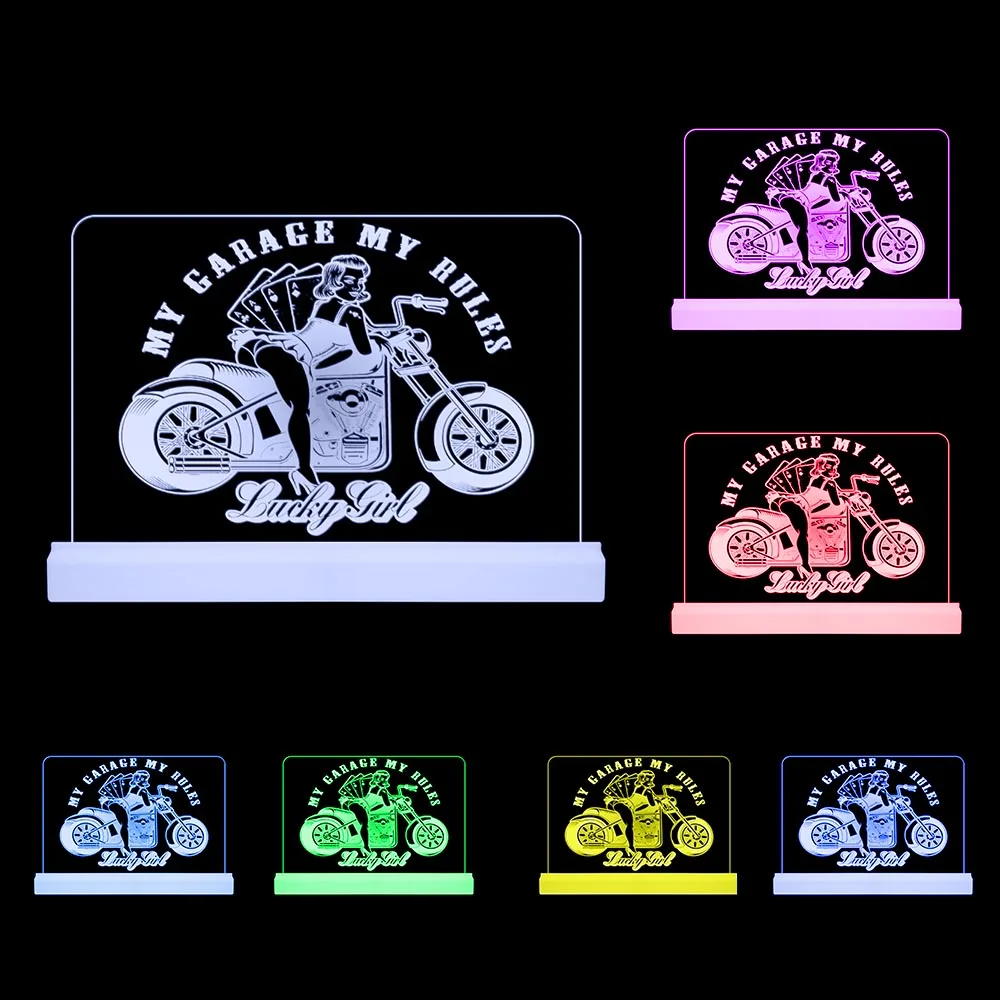 MY GARAGE MY RULES Acrylic LED Light Garage Decor Pin Up Girl With Motorcycle Personalized 3D Night Lamp Motorcyclist Present