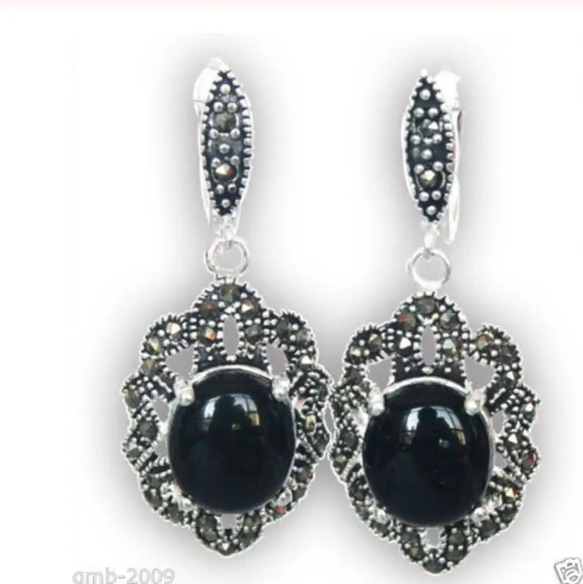 

Hot Sell Vintage 925 Sterling Silver Natural Black Marcasite Dangle Earrings