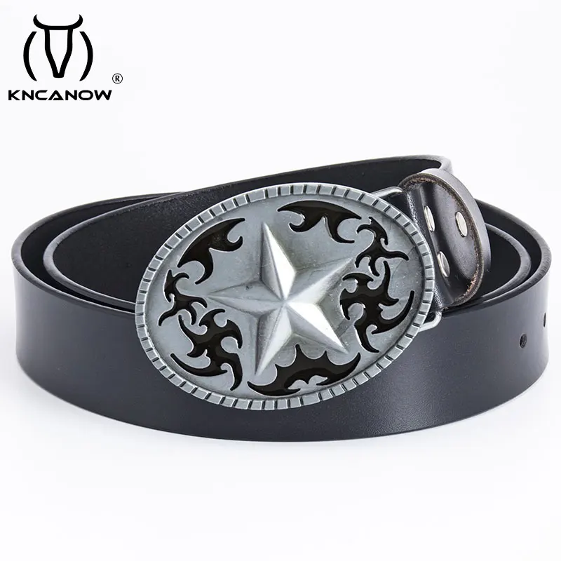 Men's 100% Genuine Leather Belt Vintage Star Buckle Hog Rider Motorcycle Versatile Cowhide Strap Western Cowboy Belt For Jeans