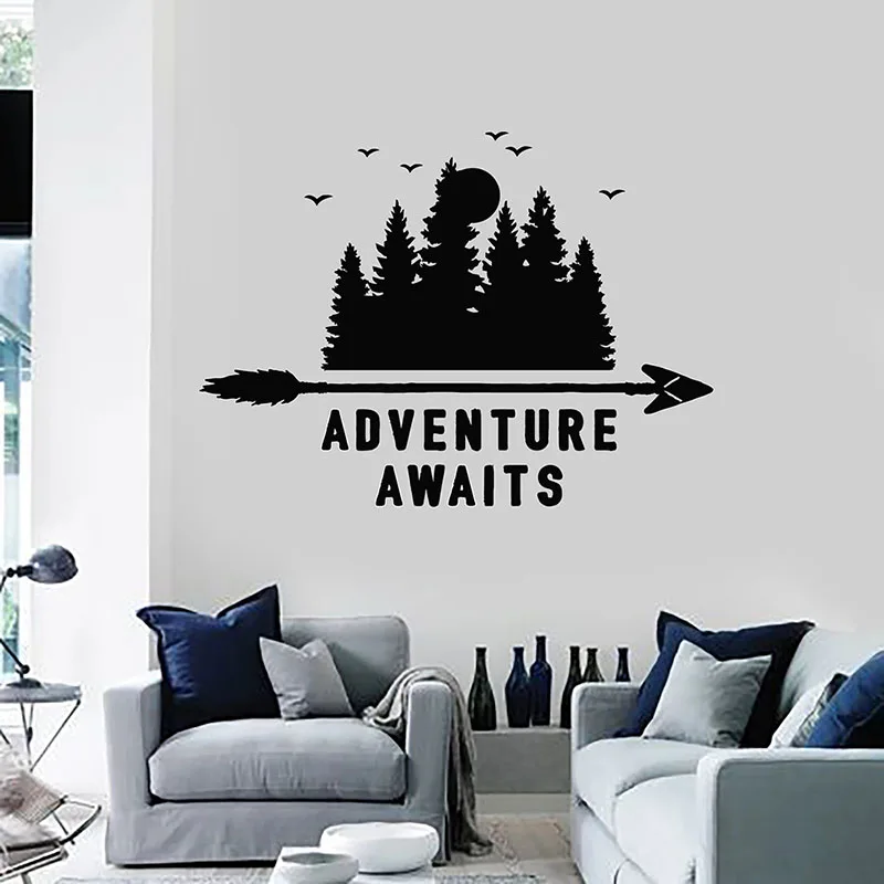 Adventure Awaits Wall Decal Phrase Travel Nature LandscapeTrees Forest Vinyl Window Stickers Living Room Home Decor Mural Q895