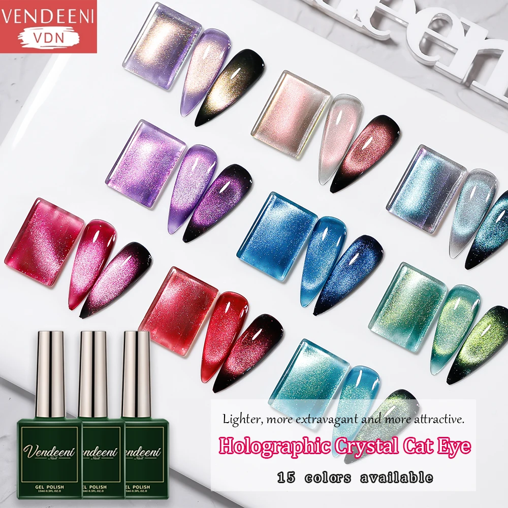 Vendeeni 15 Colors Holographic Crystal Cat Eye Gel Nail Polish 9D Aurora Cat Eye Gel Varnish Magnetic Hybrid UV Nail Gel Lacquer