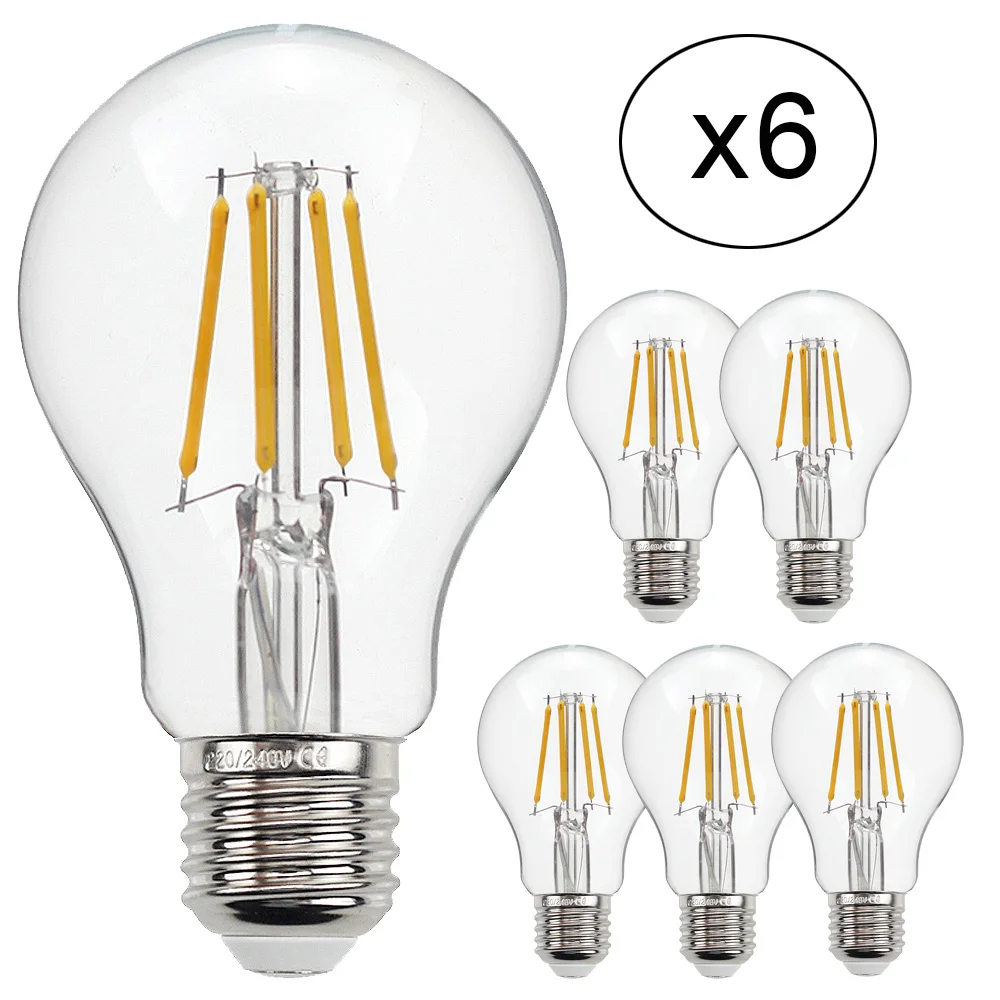 TIANFAN 6-Pack Led Bulbs Edison Bulb A60 4W 6W 8W 220/240V E27 Led Filament Light Bulb 2700K Warm White