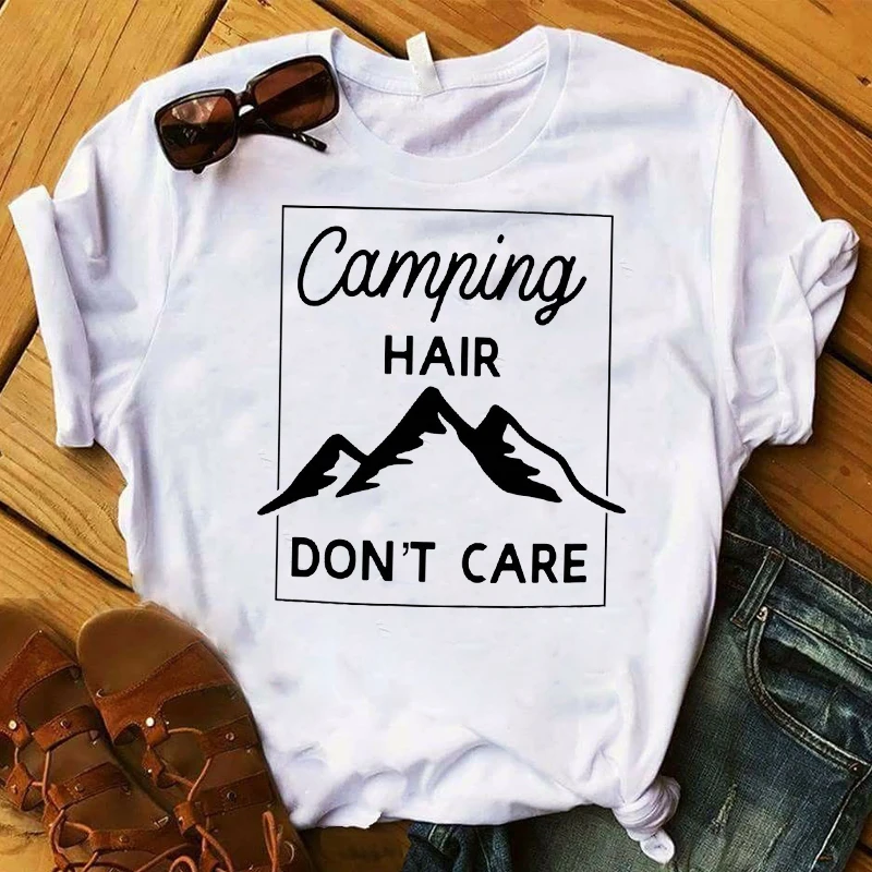 Fashion Happy Camper t shirt women Mountain Printed travel T Womens Graphic Top Tshirt Tee Shirt Femme hiker lover gift shirt