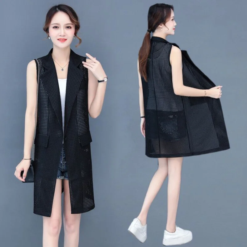 Korean Fashion Midi Gilet Coat Women Vest Cardigan Loose Ladies Jackets Hollow Out Colete New Street Punk Style Chaleco Mujer