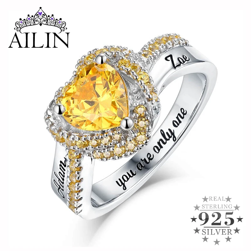 

AILIN Custom Heart Cubic Zirconia Ring For Women 925 Silver Couple Personalized Name Engraved Wedding Ring Customized Jewelry