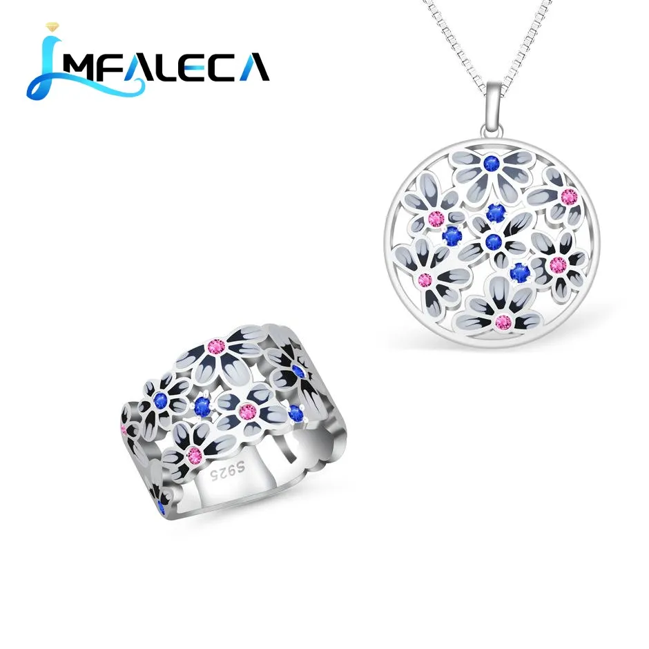 

LMFALECA Enamel Charm 925 Sterling Silver Jewelry Set for Women Blue Sapphire Ruby Ring with Stone Necklace Chain Fine Jewelry