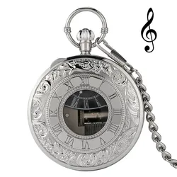 Reloj de bolsillo con música plateada para hombre y mujer, cronógrafo de cuarzo Unisex, con número romano, cadena colgante, reproducción manual de música, canción del lago de los cisnes