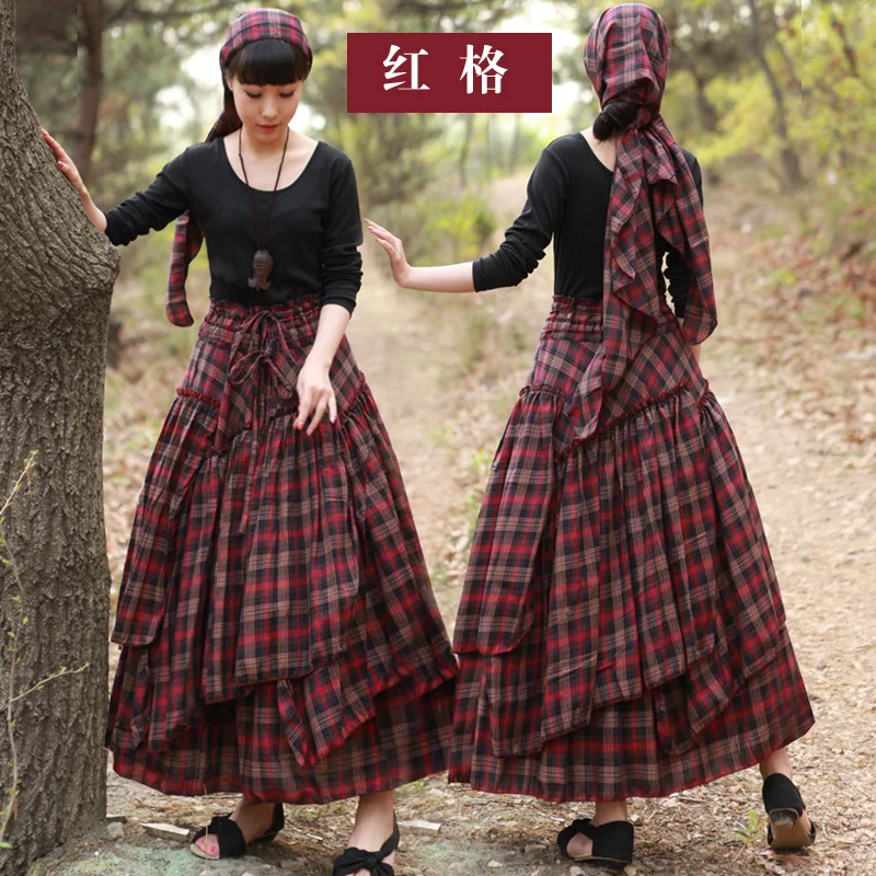 2019 Plus Size 6XL Spring Autumn Female Vintage Casual Lattice Plaid Cotton Retro purple Long Skirt designs / Tutu Skirts Womens