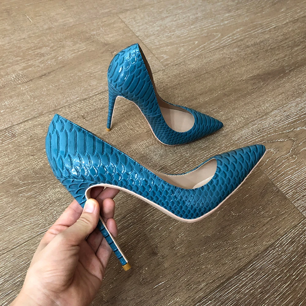 Veowalk décolleté a spillo Sexy con punta a punta da donna blu effetto Croco 8cm 10cm 12cm scarpe da festa con tacco alto sottile misura grande 43