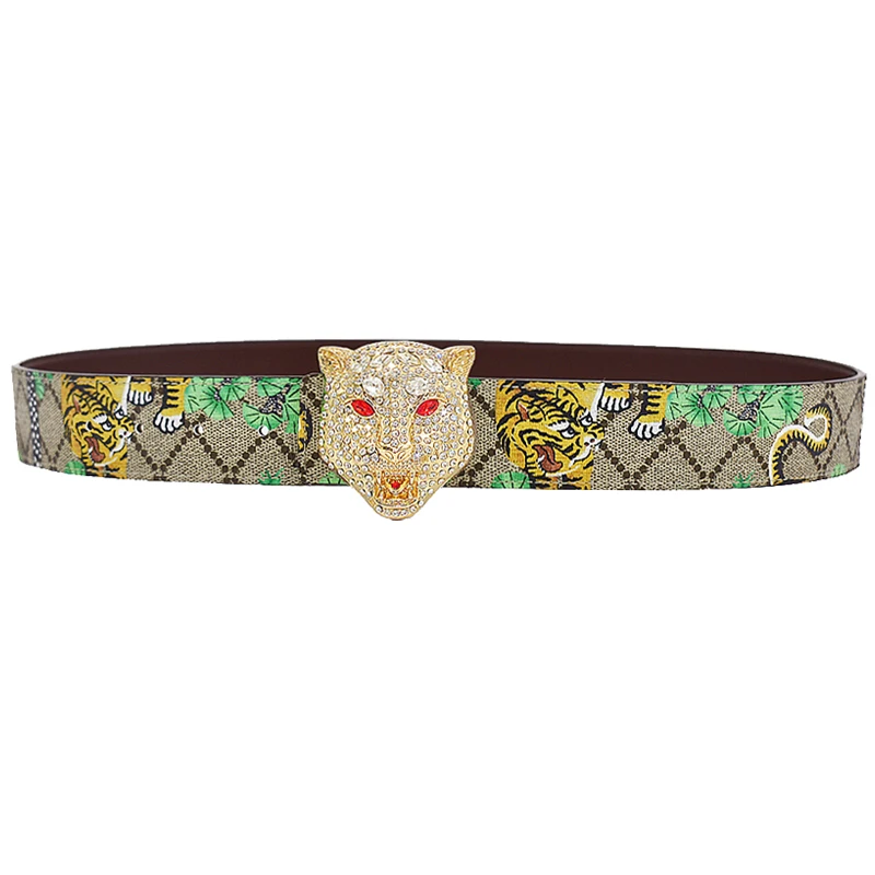 Western Rhinestone Leopard Strap Gold Sliver Metal Buckle Tiger Print Cow Leather Men Belt Jeans Causal Pants Strap