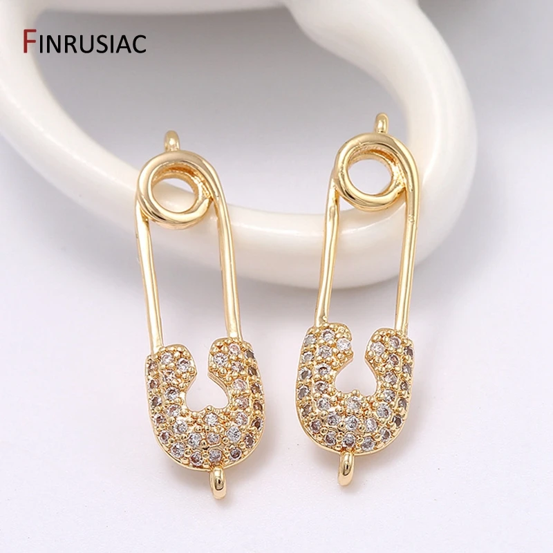 Supplies For Jewellery 14K gold plated inlaid zircon Pin Shape Pendant Connectors Accessories For Jewelry Making