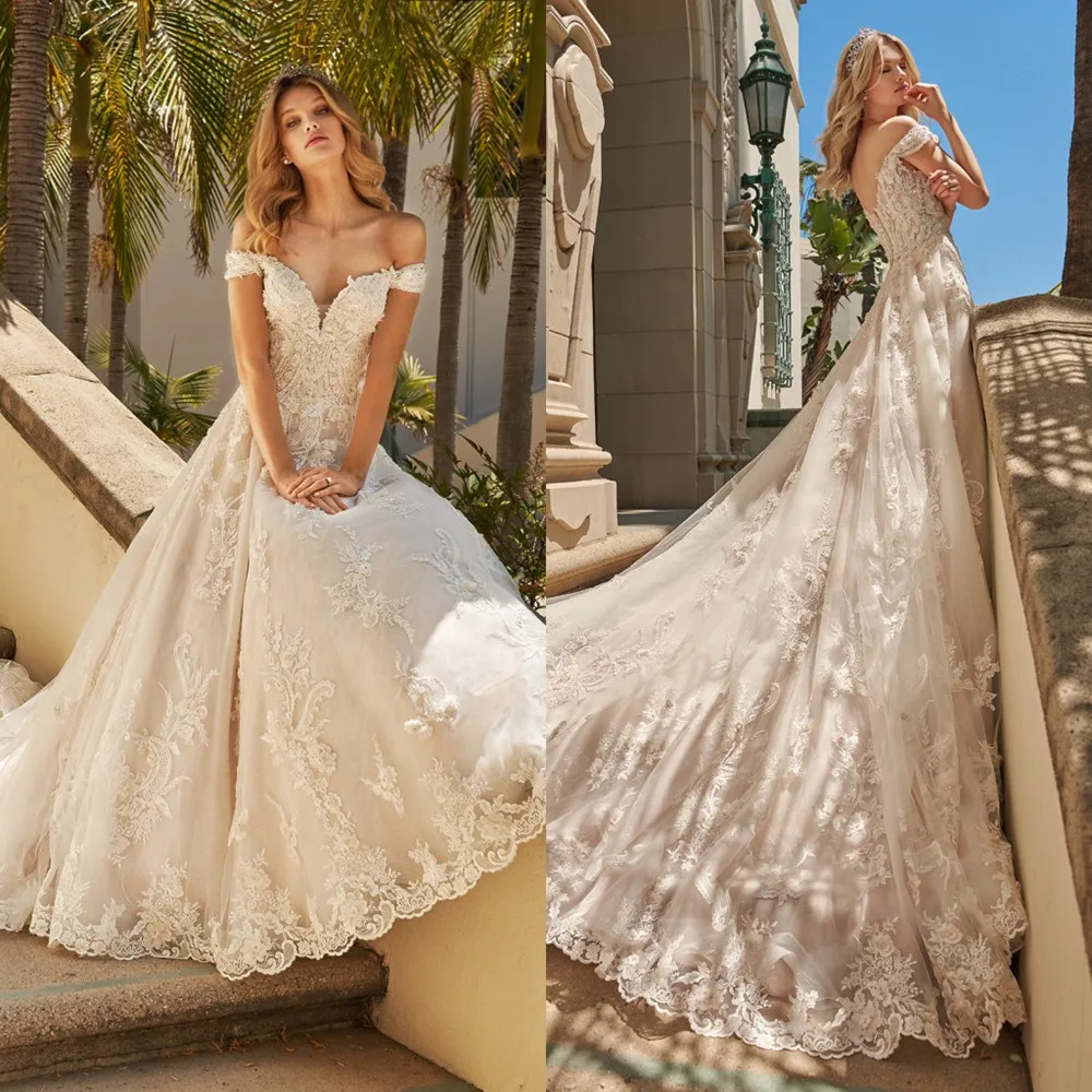 Robe de mariée à épaules dénudées, avec des Appliques en dentelle, sur mesure, avec traîne, ligne A, 2020