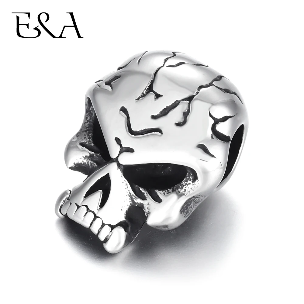 Stainless Steel Beads Skull Spacer Large Hole 6mm Slide Charm Pendant DIY Men Bracelet Making Supplies Jewelry Findings