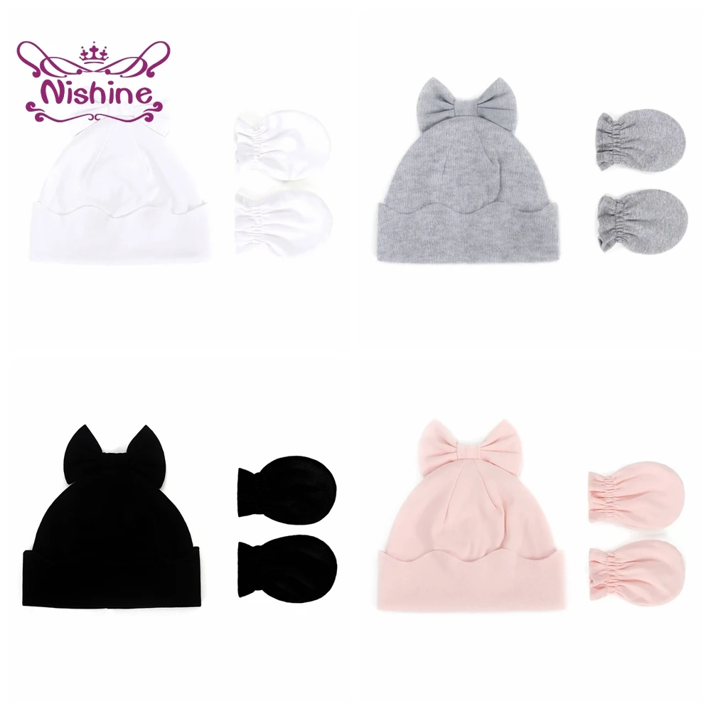 Nishine-gorro y guante de punto grueso de doble capa para recién nacido, conjunto de gorros infantiles con lazo liso, manoplas cálidas, accesorios