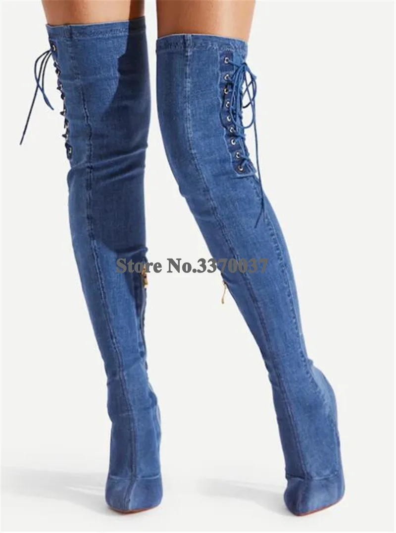 Newest Sexy Women Pointed Toe Over Knee Stiletto Heel Denim Gladiator Boots Side Lace-up Slim Style Long HIgh Heel Boots Heels