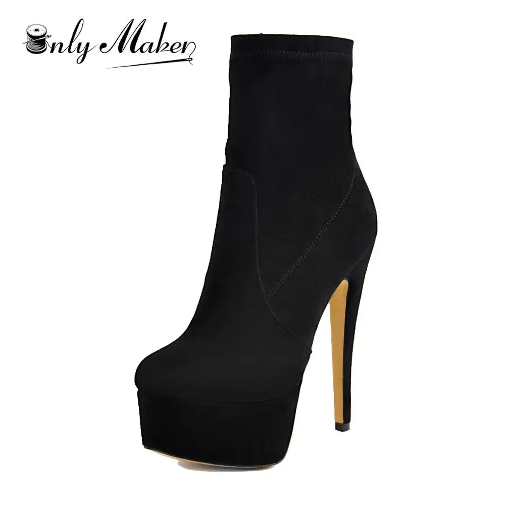 Onlymaker Ankle Boots Lycra Stretch Platform Stiletto High Heel Black Booties Zipper Woman Plus Size Boots