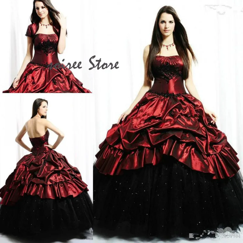Customized Gothic Wedding Dress Red With Black Bright Satin Strapless Ruched Puffy Ball Gown Country Bridal Dress WIth Jacket