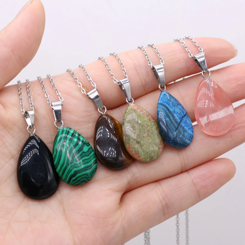 Natural Stone Necklace Drop Shape Crystal Rose Quartz Crazy Agate Opal Blue Turquoise Pendant Neck Chain for Women Jewelry Gifts