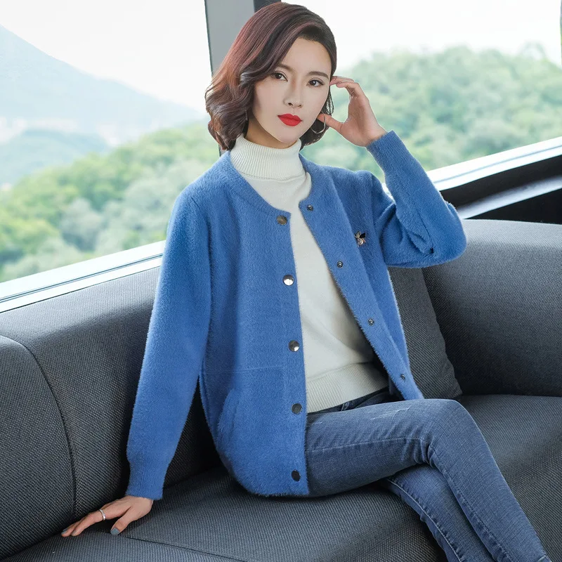 British Style Pure Color Knitted Cardigan Jacket Women Fall/Winter Loose Imitation Mink Fleece Sweater Short Coat Lady Clothing