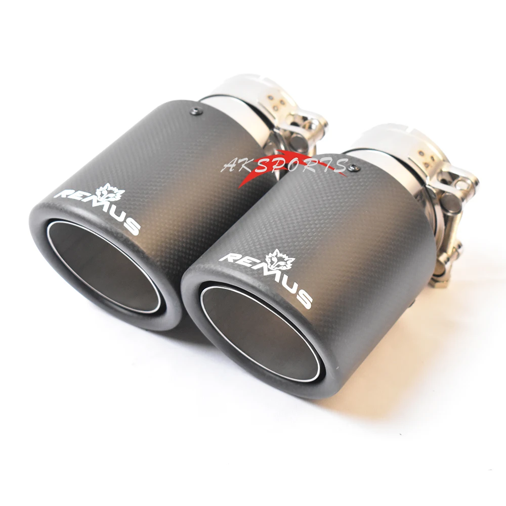 

1PC Car Exhaust Tail Pipe Curly Matt Carbon Fiber Stainless Steel Straight Flange Muffler Tip With Remus Logo