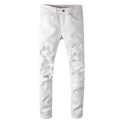 Sokotoo-pantalones vaqueros rasgados con agujeros de cristal blanco para hombre, pantalones vaqueros elásticos con diamantes de imitación, ajustados y delgados, a la moda