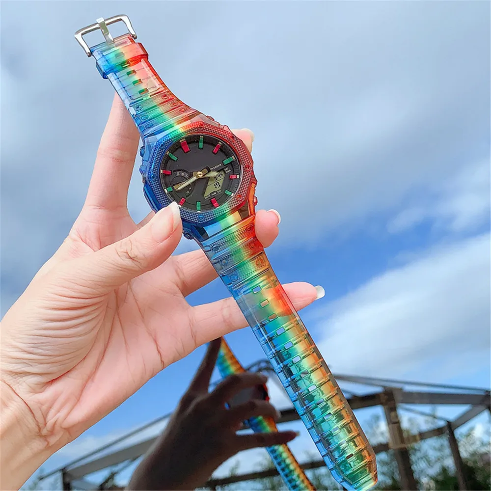 Resin Strap Case for Casio G-Shock GA-2100 Men Women Replacement Transparent Gradient Band Bracelet Accessories Kit ga2100