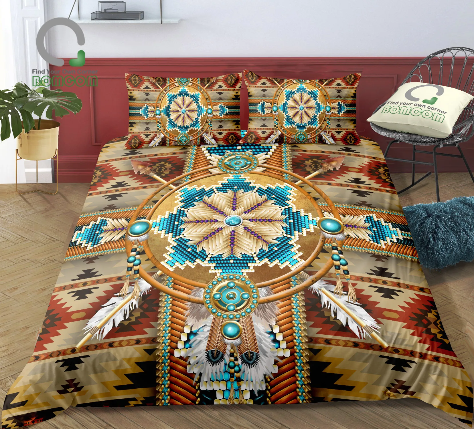 BOMCOM Digital Printing Bedding Set Indian Dreamcatcher Arrow Aztec Pattern Duvet Cover 100% Microfiber