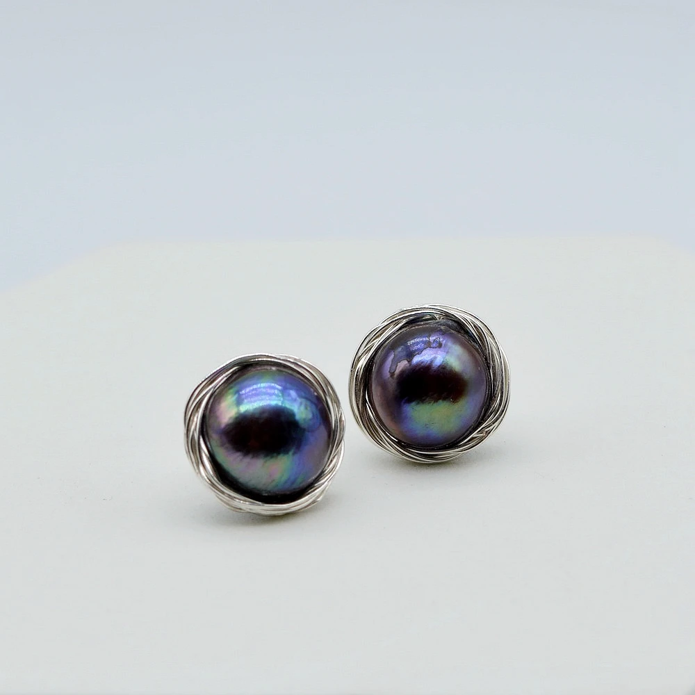 Black Pearl Stud Earrings Natural Pearl Silver Stud Earrings Irregular Baroque Stud Earrings Handmade Women\'s Stud Earrings