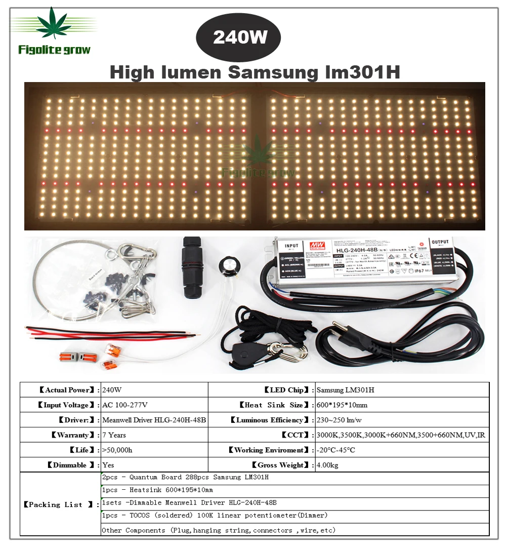 Figolite grow Dimmable 120W 240W 320W 480W Samsung LM301H Quantum Tech V3 Board led grow light Meanwell driver 7 years warranty