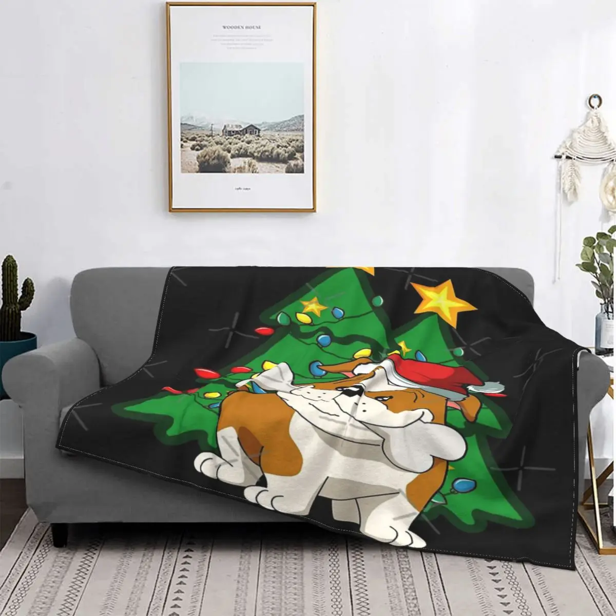 Manta de perro Bulldog para vacaciones de Navidad, colcha de cama a cuadros, manta con capucha de felpa de Anime, colcha de vera