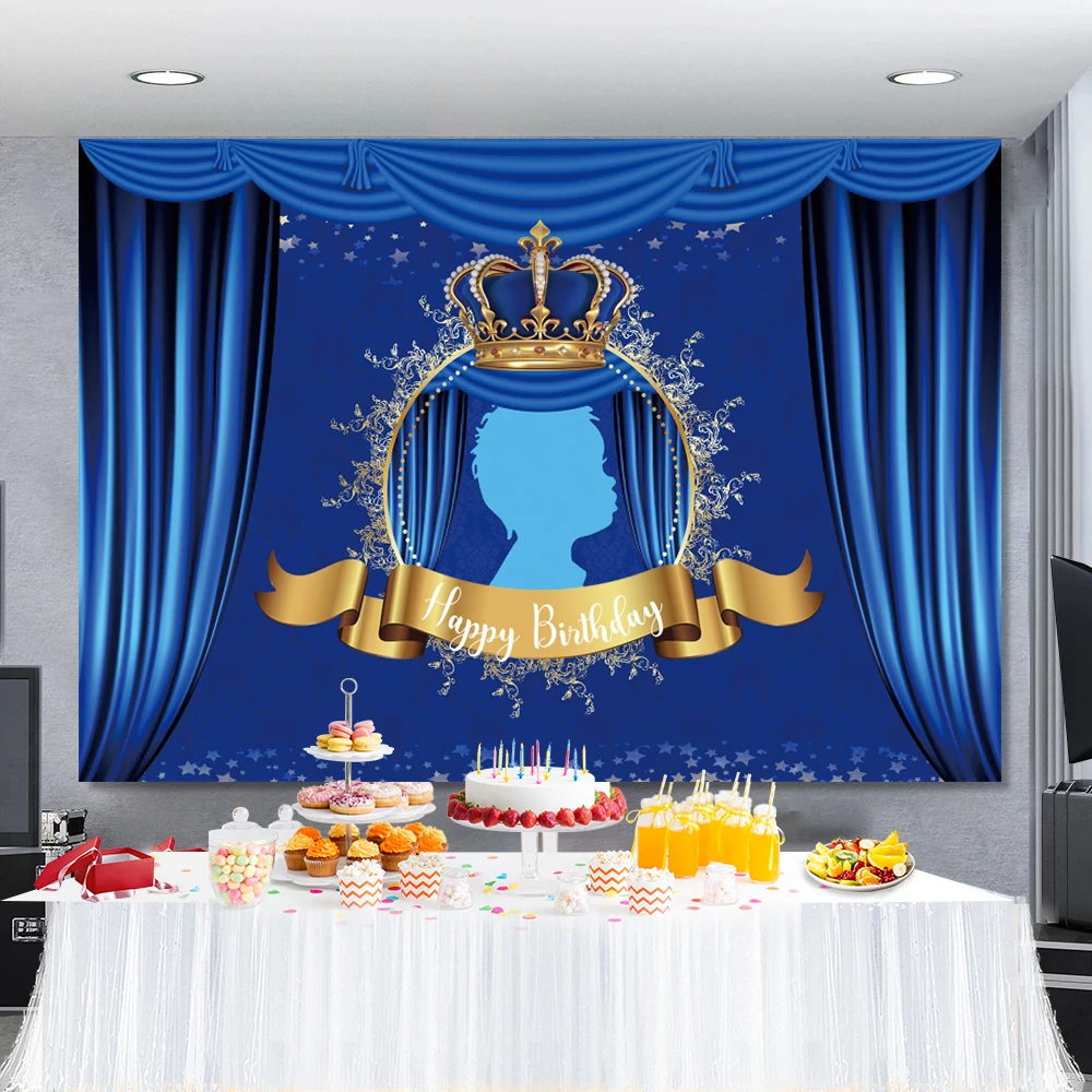 Prince Birthday Backdrop Blue Curtain Crown Stage Child Birthday Party Newborn Baby Shower Photography Background Photo Studio