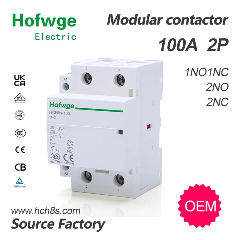 HCH8s-100 Modular Contactor 2P 100A 2NO or 4NO 24V 110V 220V Automatic Household Contactor Din Rail Type