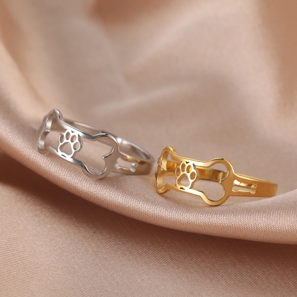 Cazador Cute Cat Dog Pet Paw Bone Finger Rings Gold Color Minimalist Stainless Steel Rings for Women Jewelry Friends Gifts 2024