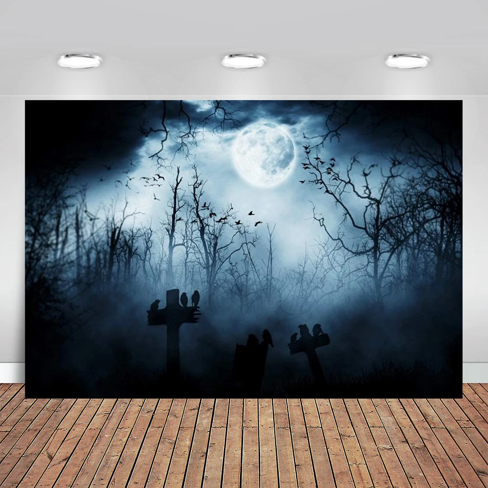 

Moon Night Halloween Cemetery Photography Backdrop Flying Bats Birds Stand on Gravestone Cross Graveyard In Forest Background