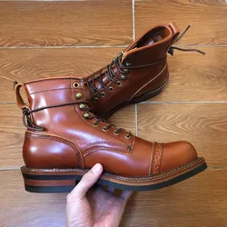 Yomior New Vintage Round Toe Men Shoes Lace-Up Genuine Cow Leather Ankle Boots Work Dress Motorcycle Boots Red Brown Casual