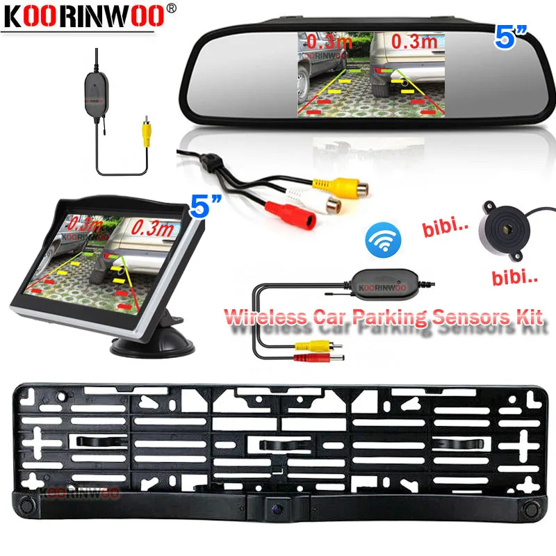 Koorinwoo EU European License Plate Frame Parktronics + Reverse Camera Car Parking Sensors Mirror Monitor Rearview Parking Alarm