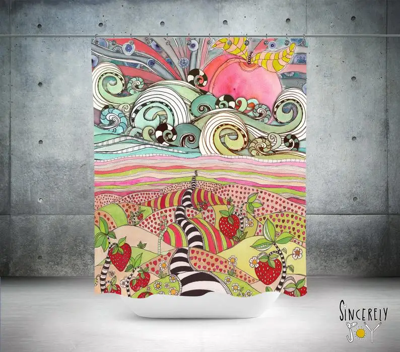 Colorful Shower Curtain Ocean Strawberry Fields Artwork Fun Artwork Artist Designed Painted Bathroom Accessories