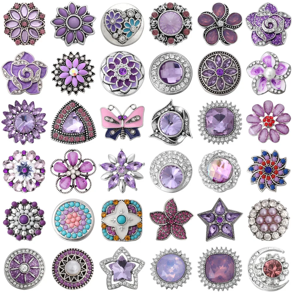 6pcs/lot 18mm Snap Jewelry Button Purple Rhinestone Flower 18mm Metal Snap Buttons Fit Snap Button Bracelet