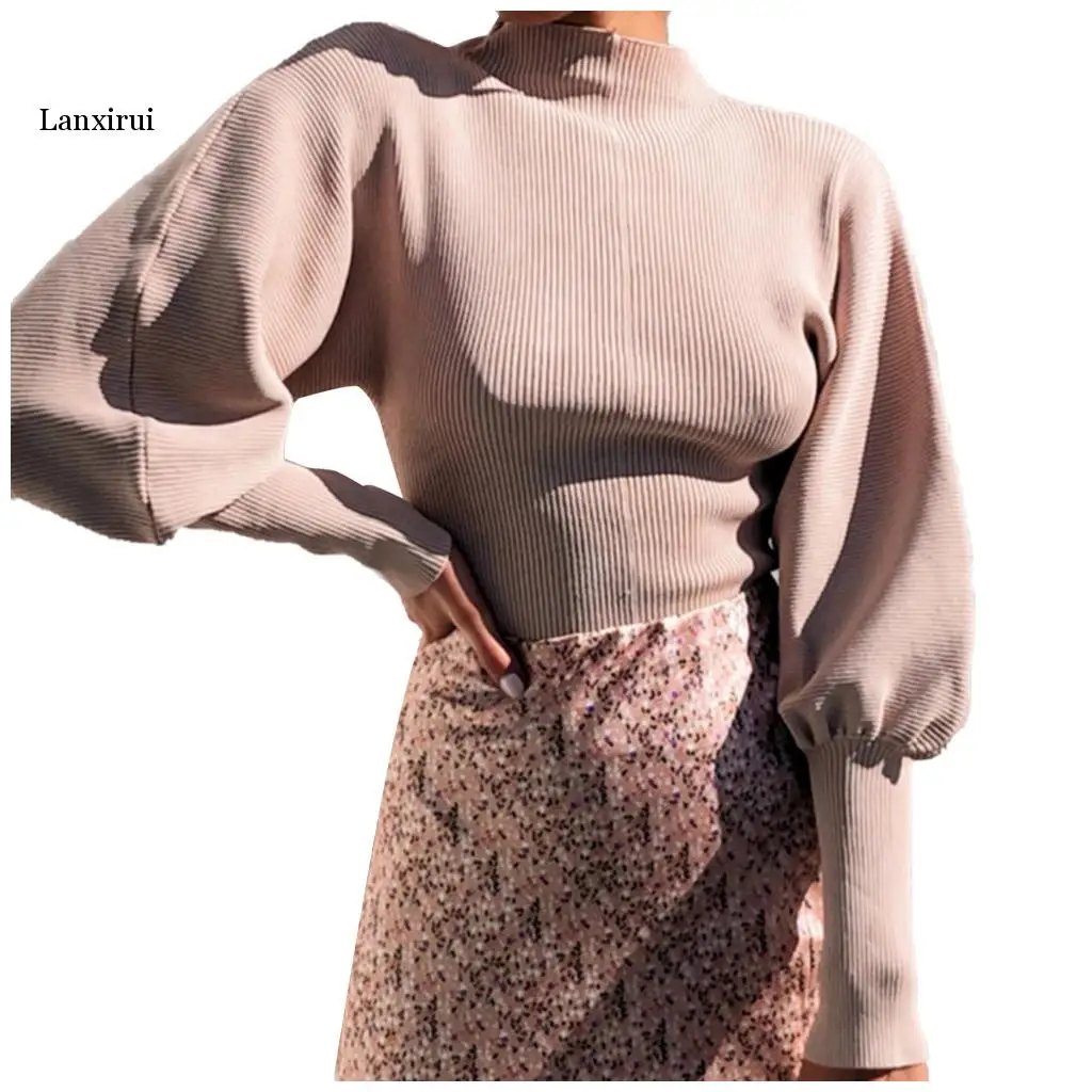 Fashion Trend Black Turtleneck Sweaters Women Casual Solid High-necked Long Lantern Sleeve Sweater Tops Womens Sweaters