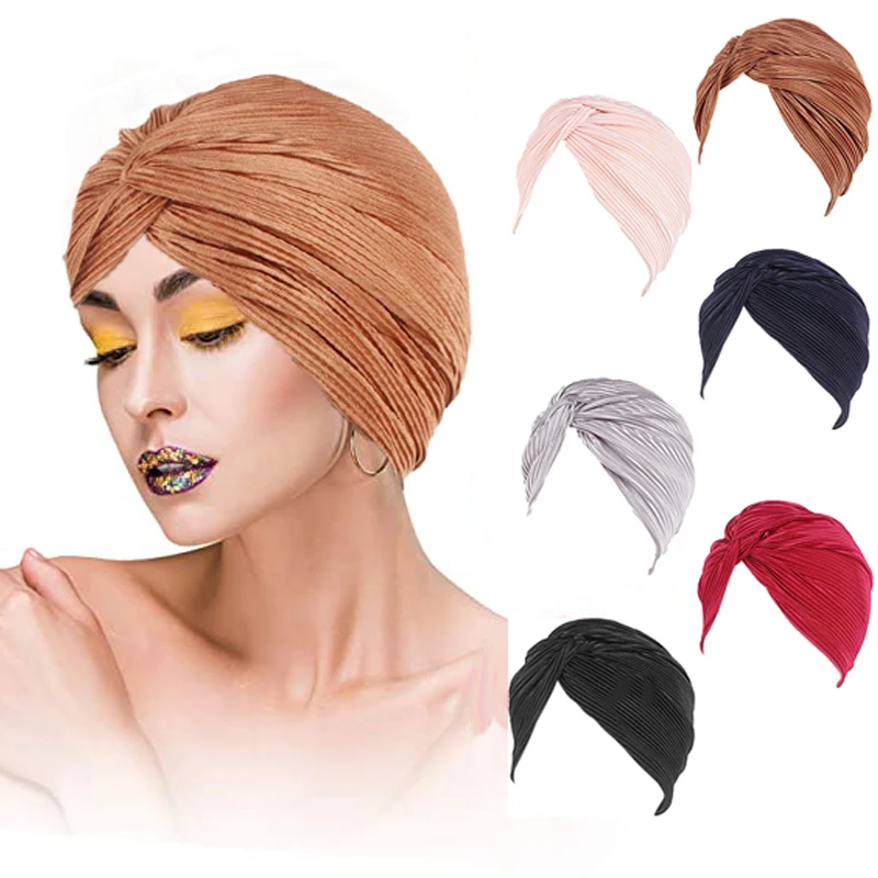 Knot Twist Turban Beanies for Women Solid Folds Twist Hijab Bonnet Caps Islamic Female Forehead Cross Head Wraps Chemo Hat