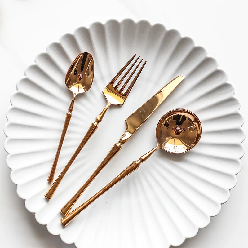 Rose Gold Cutlery Dinnerware Dropshipping Mirror Polished Knife Fork Soup Spoon Chopsticks Silverware Tableware Stainless Steel